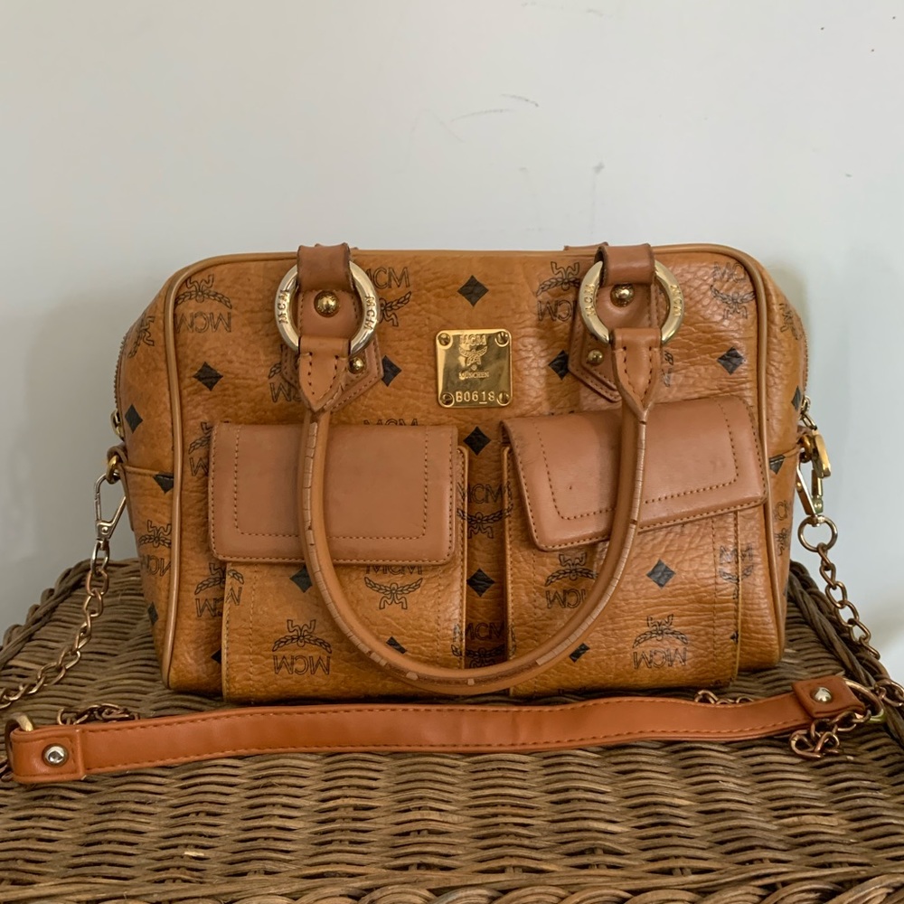 MCM Visetos Double Front Pocket Shoulder Bag in Cognac